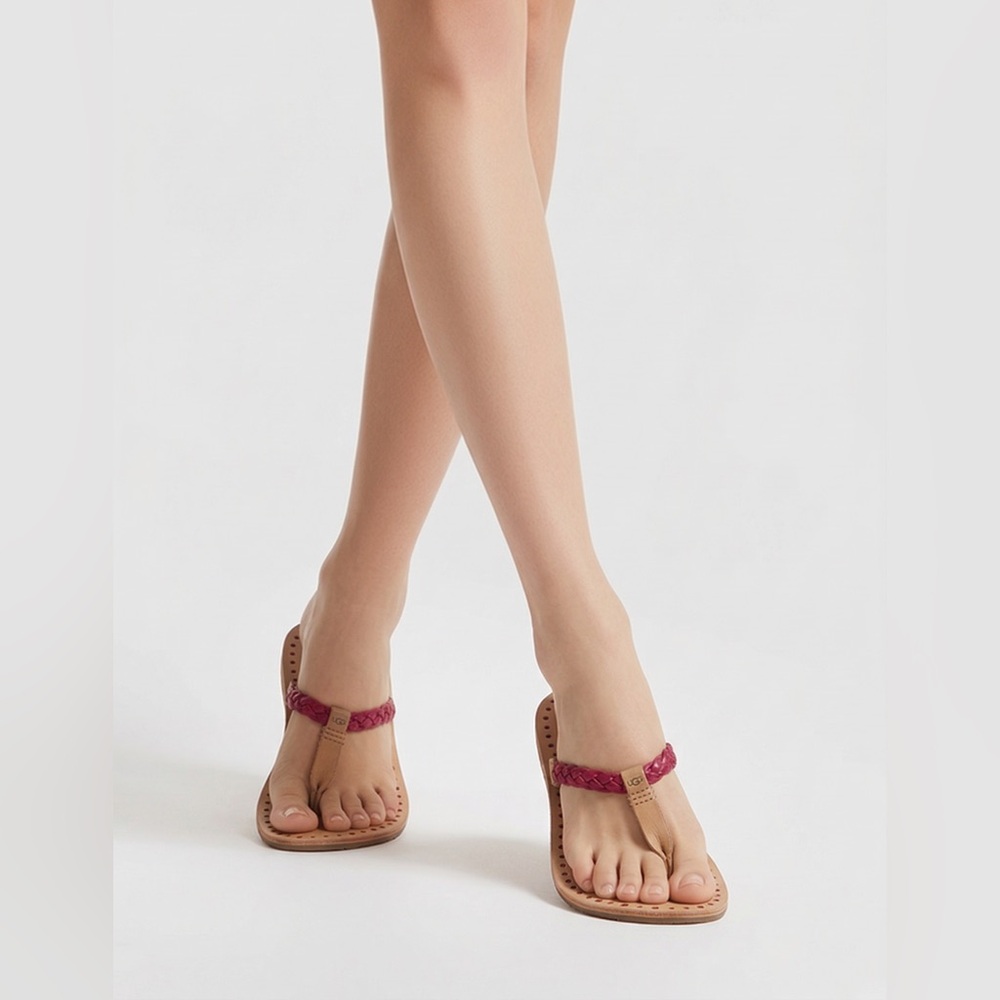 UGG Bria Woman Leather Coral/Tan Braided Thong Sandals Size 10